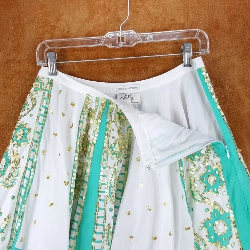 MILLY Skirt Womens Petite P Green Midi Boho Pleated Peasant White Gold Lined